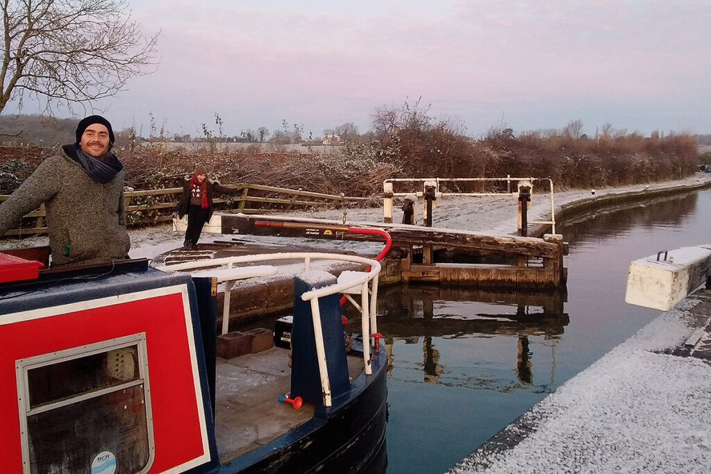 winter narrowboat passed lock alice elgie